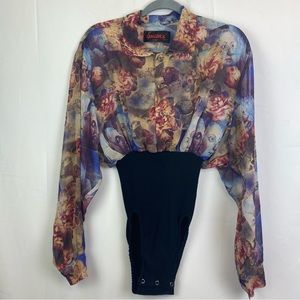 Vtg 70s Spector’s Paris Chimiz High-Waisted Sheer Bodysuit Festival Artsy Floral
